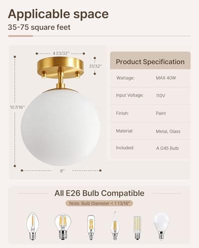 Majade Semi Flush Mount Ceiling Light 8" Globe Mid Century Modern Light Fixture Milk Glass with Gold Brass Finish Light Fixtures for Hallway Entryway Kitchen Island Closet Laundry Bathroom - Thumbnail 3