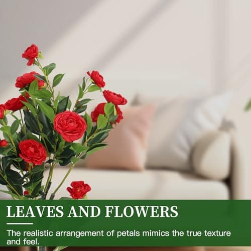 2 Pack Artificial Camellia Tree, 36" Red Faux Camellia Plant, Fake Indoor Outdoor Tree for Home, Office, Porch, Living Room, Red - Thumbnail 4