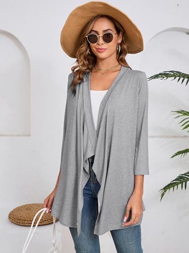 DEARCASE 3/4 Sleeve Open Front Draped Kimono Cardigan Sweater for Women Plain Light Gray XL-Large Lightweight Flowy Ladies Cover Up Trendy Shrug Thin Crop Duster Summer Fall Shawl Cardigans Jackets - Thumbnail 4