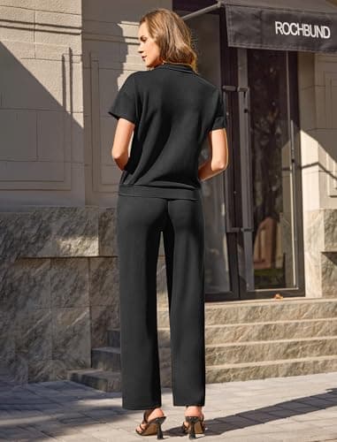 difficort Two Piece Set for Women Summer Spring Outfits Travel Airport Beach Vacation Half Zip Sweatshirts Wide Leg Pants Set, Black, Large - Thumbnail 6