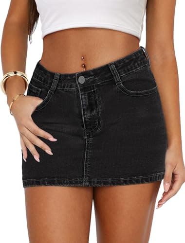 IWD Denim Mini Skirt Women Casual Stretch Jean Skirt Zip Fly Low Waisted Denim Skirt with Pockets Black Medium - Image 1