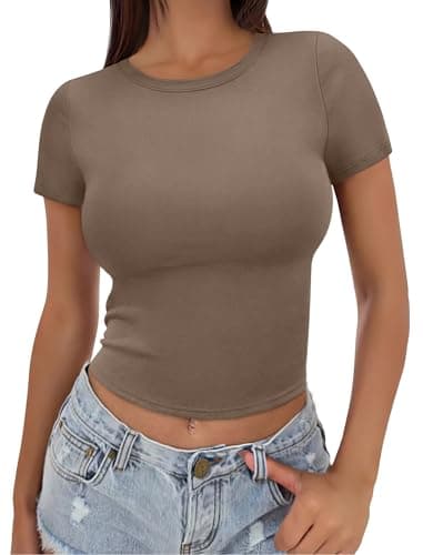 Sampeel Womens Tops T Shirts for Women Summer Tops 2025 Fashion Trendy Crop Tops Tight Tshirts Shirts Vacation Cruise Outfits Brown - Image 1