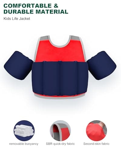 AEOCOO Toddler Swim Vest 20-30-50-70 Pounds, Kids Pool Floaties for 1-2-3-5-7-9 Years Old, Comfortable Wear Bright Float Jacket with Water Ring, Unpadded Sides for Arm Comfort, Boys, Girls, Red - Thumbnail 3