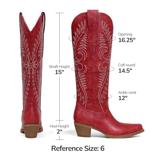 Erocalli Wide Calf Cowboy Boots Women Red Knee High Western Cowgirl Boots 2026 - Fashion Embroidered, Snip Toe, Pull On, Tall Boots, Low Heel, Music Festivals, Trendy Outfits - Thumbnail 6