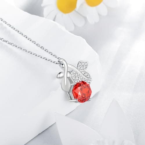 Aurora Tears Birthstone Rose Pendant Necklace - 925 Sterling Silver Rose Cut Cubic Zirconia January Garnet Flower Leaf Necklace Anniversary Birthday Jewelry Gift for Women Wife Mom Daughter DP0389J - Thumbnail 2