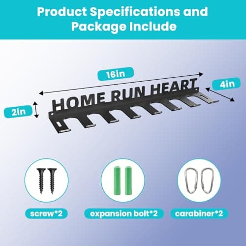 Sahans Baseball Bat Storage Rack Wall Mount Softball Holds 14 Bats Metal Organizer Heavy Duty Steel Sports Display Holder Home and Field Equipment Hanger Hooks Hardware Included Home Run - Thumbnail 2