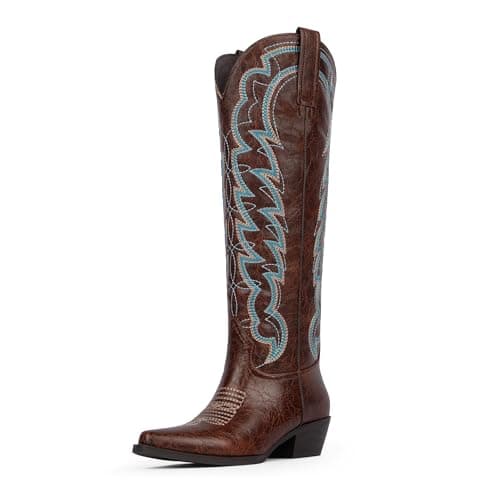 Modatope Cowgirl Boots Women Brown Pointed Toe Chunky Heel Embroidered Cowboy Knee High Boots Pull on Tab Fashion Retro Western Wide Calf Boot Size 6.5 - Image 1