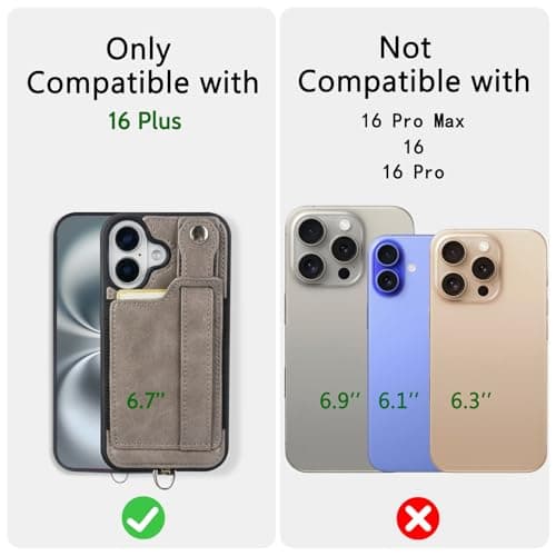 TOOVREN Wallet Case for iPhone 16 Plus Case with Card Holder Kickstand Adjustable Fits iPhone 16 Plus Wallet Case with Neck Strap Lanyard Leather for Women & Men 6.7 Inch Gray - Thumbnail 2