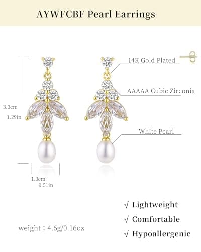Pearl Earrings for Women, 14k Gold Plated Dangle Pearl Earrings Bridal Shower Gifts Wedding jewelry for Women - Thumbnail 6
