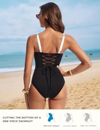 Hanna Nikole Women Slimming Tummy Control 1 Piece Swimsuit Sexy Long Torso Retro Bathing Suit High Support Swimwear Black White Large - Thumbnail 4