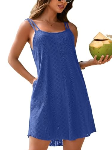 Charmo Hollow out Swimsuit Coverup for Women Bathing Suit Coverup Spaghetti Strap Sundresses 2025 Sleeveless Daily Cover Up Dress Blue M - Image 1