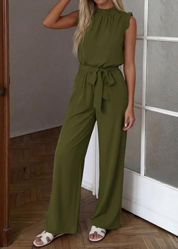 KIRUNDO Jumpsuits For Women Dressy Summer One Piece Sleeveless Ruffle Mock Neck Belt Pockets Formal Wide Leg Pants Romper(Army Green, XX-Large) - Thumbnail 5
