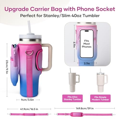 linmaya Water Bottle Carrier Bag for Stanley Cup 40/30oz with Phone Holder Pockets,Neoprene Water Bottle Cross-body Bag with Adjustable Shoulder & Hand Strap Stanley Cup Accessories - Thumbnail 4
