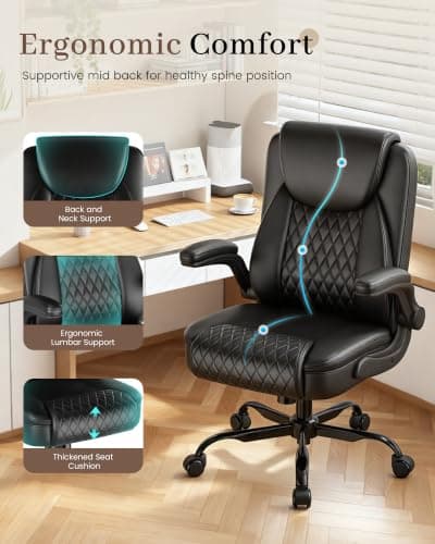 COMHOMA Mid-Back Office Chair, Ergonomic PU Desk Chair with Flip up Arms, Small Computer Gaming with Comfy Lumbar Support,Rocking Function,Sturdy Metal Base, Ink Black - Thumbnail 6