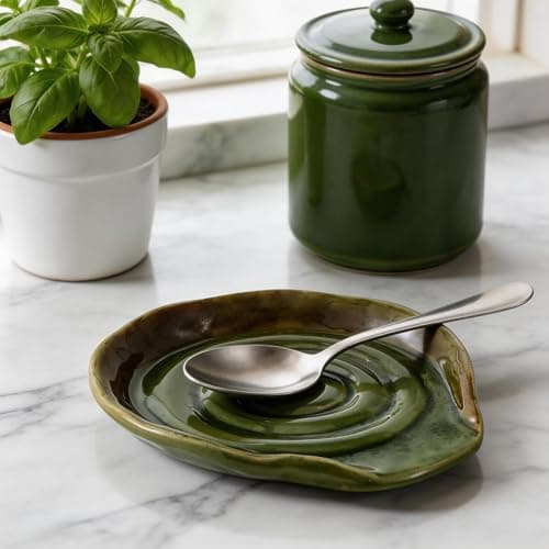Spoon Rest for Stove Top, Ceramic Spoon Holder for Kitchen Counter, 5 Inches Coffee Spoon Holder Utensil Rest for Cooking, Green Gifts for Women Mom - Thumbnail 6
