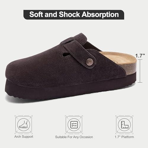 Brelzo Calvior Platform Clogs for Women Arch Support Suede Clogs Soft Mules Potato Shoes Casual Slipper Sandals with Adjustable Buckle, Non-Slip, Dark Brown - Thumbnail 5