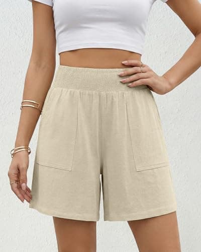 Bsubseach Shorts for Women Summer Casual Elastic High Waisted Shorts Wide Leg Cargo Shorts with Pockets Khaki S - Thumbnail 3