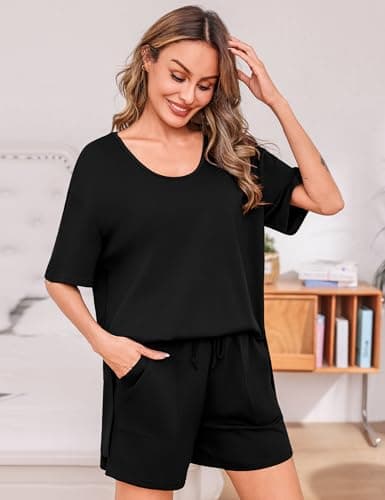 Totatuit 2 Piece Outfits for Women Short Set Summer Casual Loose Fit Loungewear Sets Soft Pajamas for Airport Travel Black Large - Thumbnail 3