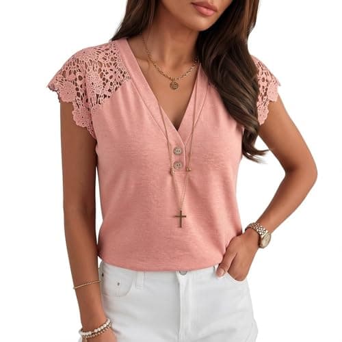 Angashion Womens Tops Lace Short Sleeve Casual V Neck Tunic with Button Summer Elegant Business Work Blouse Terra Cotta Small - Thumbnail 4