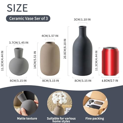 Ceramic Vase Set of 3, Rustic Farmhouse Vases Home Decor Pottery Pampas Vase Decoration Modern Neutral Flowers Vases for Room Decor, Entryway, Living Room, Table, Kitchen, Bedroom - Multicolor - Thumbnail 3