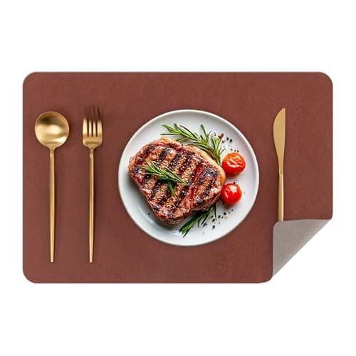 SHACOS Faux Cowhide Leather Placemats Set of 4, Wipeable Heat Resistant Table Mats, Stain Resistant Double Sided Reversible PU Place Mats for Dining Table Kitchen Restaurants, Chestnut and Gray Beige - Image 1