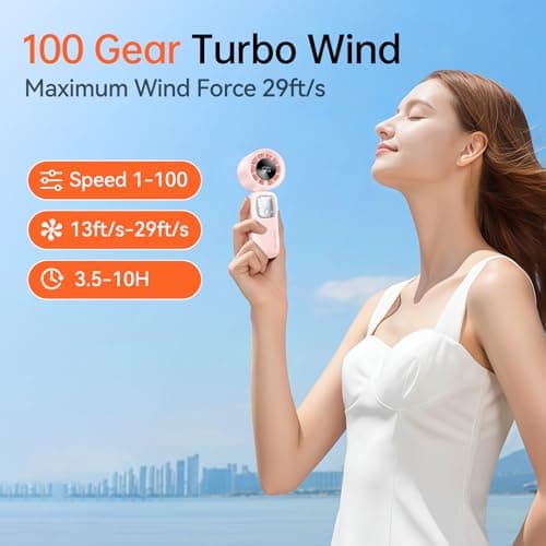 KIMMOO 3-in-1 Portable Handheld Turbo Fan-100 Speeds, 15000 RPM, 10Hrs Cooling, LED Display, 90° Rotation, Small Travel Fan, Mini Foldable Hand Held Personal Fan for Women Men (Pink) - Thumbnail 3