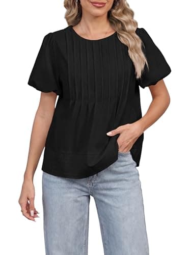Funlingo Womens Blouses Summer Short Puff Sleeve Babydoll Tops for Women Casual Crew Neck Flowy Pleated Shirts Cute Clothes Black L - Image 1