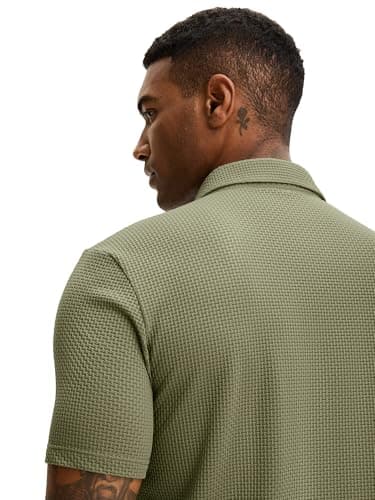 JEMLDL Men's Jacquard Polo Shirts Super Stretch Breathable Short Sleeve Performance Dry Fit Golf Shirts Olive XL - Thumbnail 4