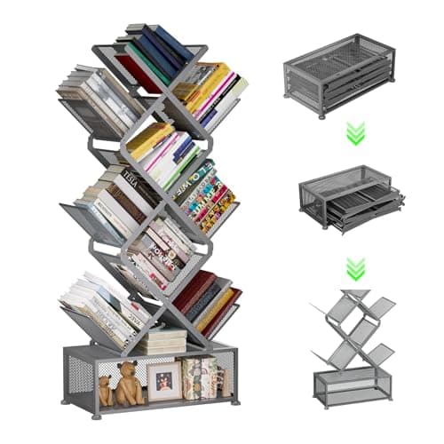 Gintan 9-Tier Modern Book Shelves with Storage, Bedroom Shelves Folding Bookshelves, No Installation Required Shelf Tree Bookcase for Living Room, Study, Home Office, Bed Room (Grey)