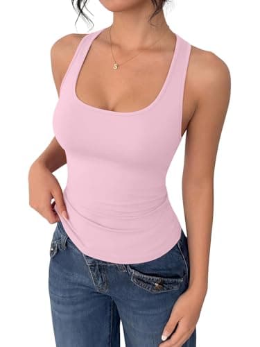 PINKMSTYLE Double Lined Scoop Neck Tank Top for Women Basic Sleeveless Summer Tops Slim Fit Workout Going Out Outfits Light Pink XX-Large - Thumbnail 2