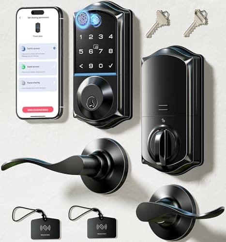 Veise VE017-L Fingerprint Smart Lock with Lever Handles, App Control, Keyless Entry Front Door Lock Set, Electronic Digital Keypad Deadbolt, Remote Grant, Emergency Power Port, Auto Lock, Matte Black - Image 1