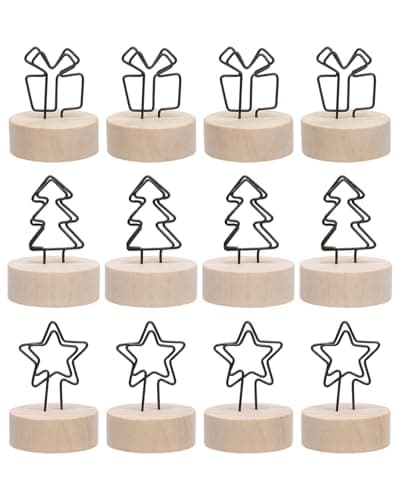 12 Pack Wooden Table Number Holders, Rustic Place Card Holders with Metal Star & Tree Clips, Photo Memo Note Stands for Wedding Reception, Party Decoration, Buffet Signs, Home Office Desk Accessories - Image 1
