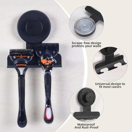 Supopular Suction Cup Razor and Shaver Holder for Shower, Heavy-Duty Stainless Steel No-Drill Bathroom Wall Hook for Towel, Loofah, Damage-Free and Reusable, Easy Install and Remove (2, Matte Black) - Thumbnail 2