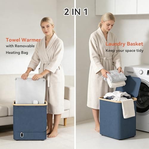 Towel Warmer & Laundry Basket 2-IN-1, Foldable Towel Warmer for Bathroom with Removable Heating Bag, 20/40/60Mins Fast Heating, Auto Shut-Off, Portbale Towel Warmer Fits 3 Large Towels Blankets - Blue - Thumbnail 3
