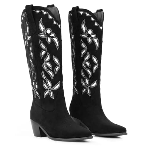 LingxiaUne Women’s Western Cowboy Boots – Intricate Floral Embroidery High Shaft Boots with Wooden Heel, Black Size 11