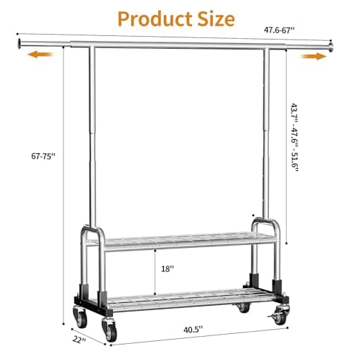 Luxspire Heavy Duty Clothes Rack, Clothing Rack Load 600 LBS, Rolling Clothes Racks for Hanging Clothes with Sturdy Wheels & 2 Tier Shelves, Adjustable Garment Rack for Bedroom, Laundry Room, Silver - Thumbnail 5