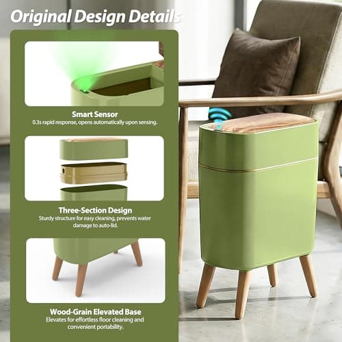 suyika Automatic Trash Can, 2.6 Gallon/10L Bathroom Trash Can with Lid - Wood Grain Lid and Legs, Touchless Waterproof Garbage Bin for Bedroom, Bathroom, Office, Living Room - Thumbnail 2