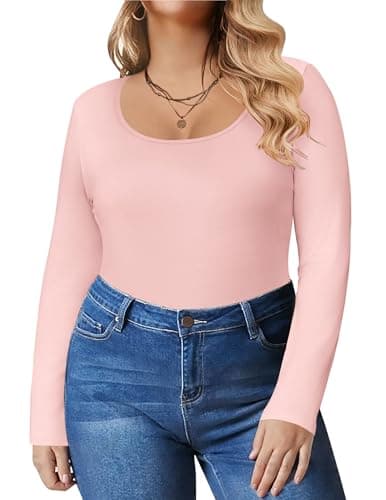 IN'VOLAND Women's Plus Size Sexy Basic T Shirts Tops Fall Long Sleeve Pink - Image 1