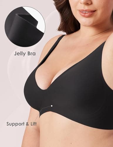 Tarbo Wireless Plunge Bra for Women – Seamless Jelly T-Shirt Bras, Sleep Bra, Deep V No Underwire Everyday Comfort Bralette with Light Support Lift, Adjustable Straps, Back Smoothing Black XL - Thumbnail 4