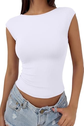 REORIA Womens Sexy Backless Going Out Tops Double Lined Boat Neck Cap Sleeve Shirts Slim Fitted Open Back Y2k Basic Tee, White Medium - Image 1