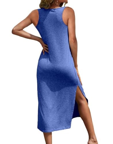 Dyexces Women Summer T Shirt Dress Casual T Shirts Sleeveless V Neck Tshirts Maxi Dresses Loose Side Slit Midi Tshirt Midi Dress with Pockets A-Blue - Thumbnail 3