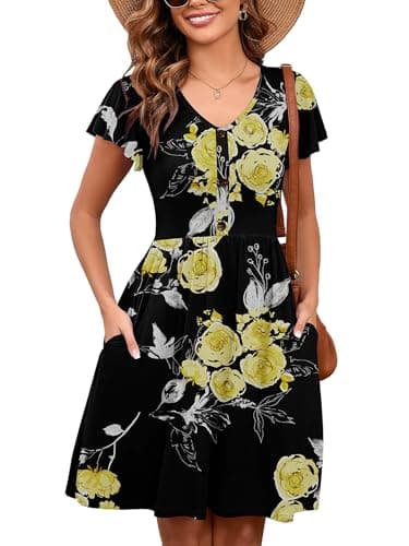 Heymoments Women Summer Dress Ruffle Sleeve Black Golden Floral XX-Large V Neck Casual Cute Loose Sundress Comfy Swing Button Down Midi Work Flowy Tunic Ladies Beach Vacation Teacher Dresses - Image 1