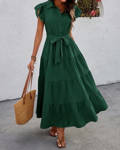 dowerme Woman Spring Dresses Cap Sleeve V Neck Button Elastic High Waist Belted Tiered Boho Flowy Swing Beach Dress(Dark Green,X-Large) - Thumbnail 2