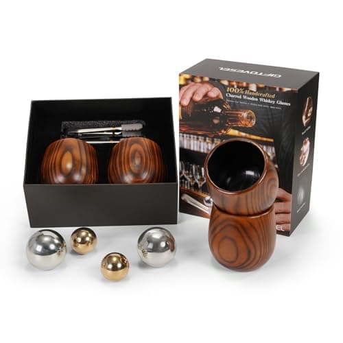 Upgraded Charred Oak Bourbon Glass Set, 2 Pack 10oz Wooden Whiskey Glasses, Unique Inner & Outer Charred Craftsmanship, Equipped with Stainless Ice Balls & Tongs, Premium Gift for Whiskey Lovers - Image 1