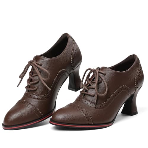Yremael Women's Brown Oxfords Dress Wingtip Vintage Comfortable Chunky High Heel Lace Up Brogues Booties - Thumbnail 5