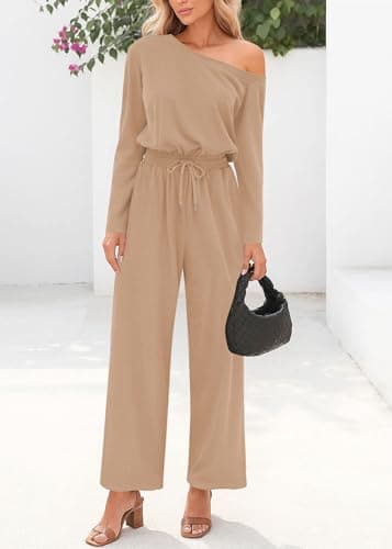 Lazysmile Jumpsuits For Women Dressy Long Sleeve Off Shoulder One Piece Wide Legs Rompers Casual Fall Outfits with Pockets - Thumbnail 6
