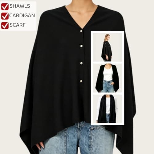MissShorthair Versatile Women's Shawl Wrap – Soft Knitted Poncho Cape Scarf for Fall Winter black poncho sweater - Thumbnail 3