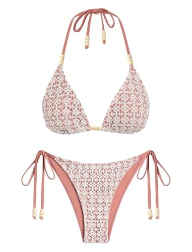 ZAFUL Dark Pink Womens Bikini Swimsuits Halter Bikini Sets for Women Cheeky Swimwear Two Piece Bathing Suits Beads Brazilian High Cut Swimsuit M - Image 1