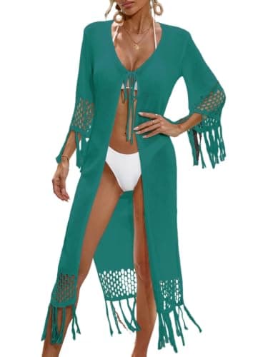 BreathSunny Womens Crochet Knit Swimsuit Coverup Long Cardigan Summer 2026 Tie Open Front Tassel Hollow Out Long Sleeve Mesh Swimwear Beach Swim Bikini Bathing Suit Cover Up Kimono Peacock Green S - Image 1