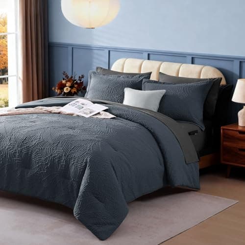 Geniospin Twin Comforter Set - 5 Pieces Blue Gray Textured Bed in Bag, Twin Bedding Sets with Comforter, Sheets, Pillowcases & Shams, All Season Blue Gray Bedding - Thumbnail 2